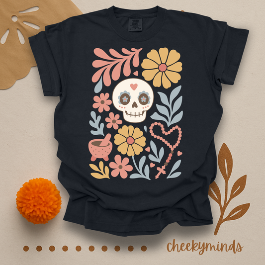 Floral Skull Day of the Dead shirt Día de los Muertos Shirt Cute Sugar Skull Floral Tee Mexican Folk Art Shirt Calavera Skeleton Boho Design