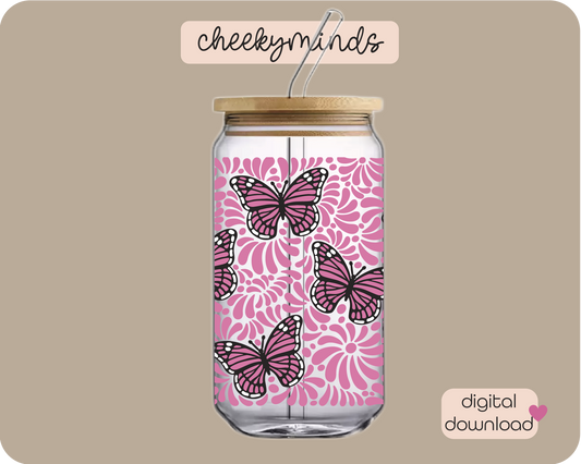 Baby Pink Monarch Talavera 20oz Libbey Glass Can Wrap