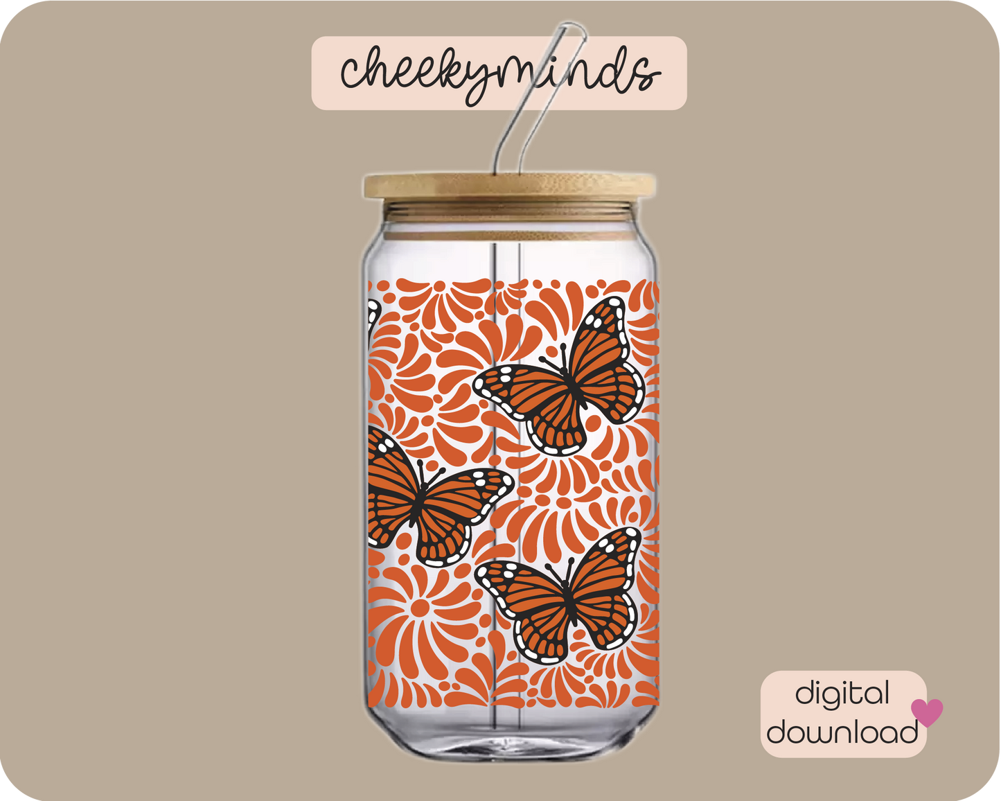 Orange Monarch Talavera 20oz Libbey Glass Can Wrap