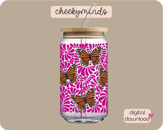 Pink Monarch Talavera 20oz Libbey Glass Can Wrap