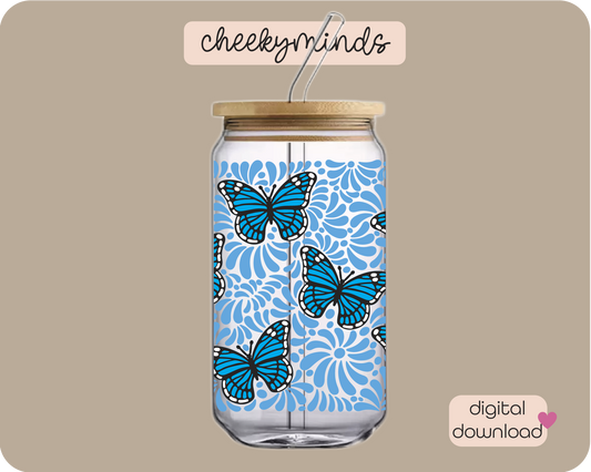 Turquoise Monarch Talavera 20oz Libbey Glass Can Wrap