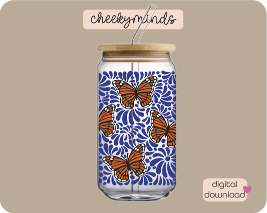 Blue Monarch Talavera 20oz Libbey Glass Can Wrap