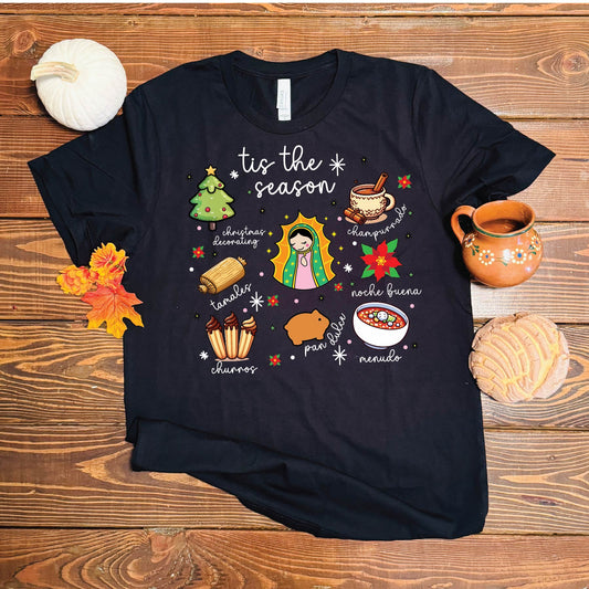 Mexican Christmas, Tis the Season, Bella Cavas Jersey Tee, Feliz Navidad Shirt, Virgen de Guadalupe, Tamales Clothing image 1