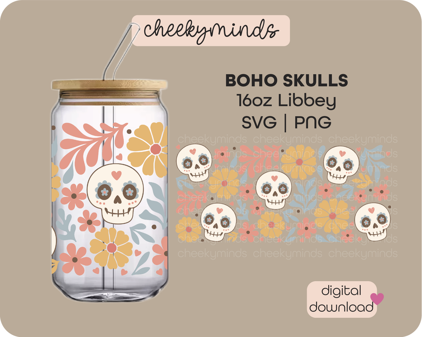 Boho Sugar Skull 16oz Libbey Glass Can