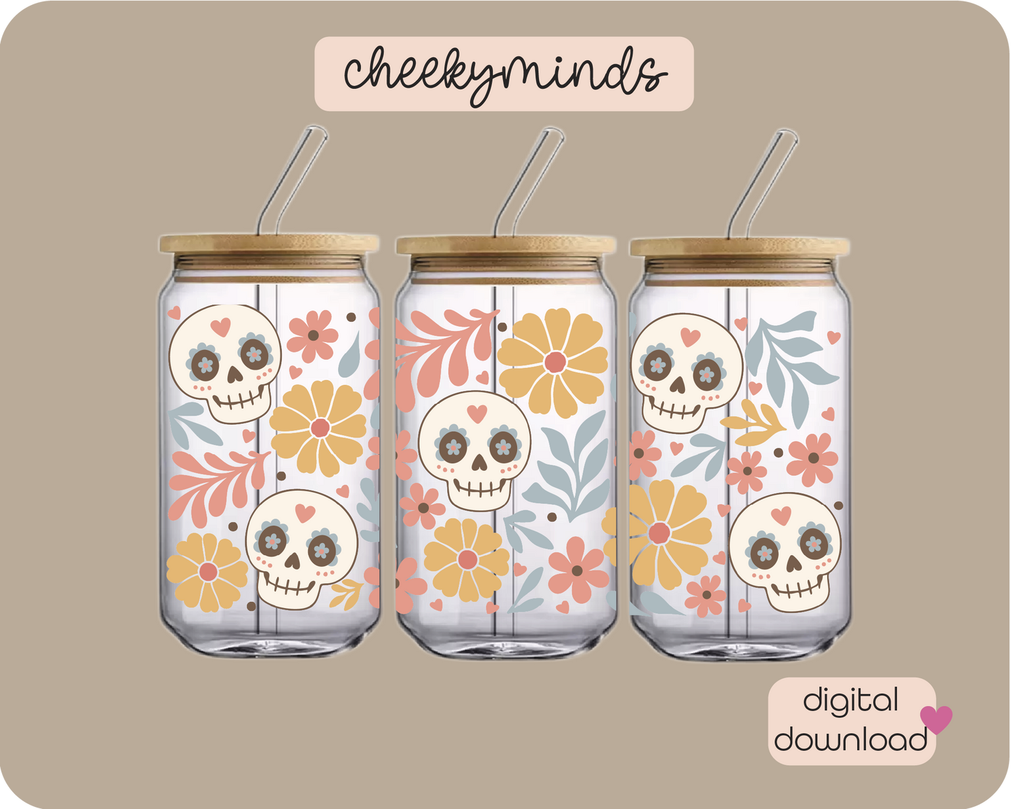 Boho Sugar Skull 16oz Libbey Glass Can