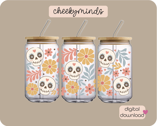 Boho Sugar Skull 16oz Libbey Glass Can