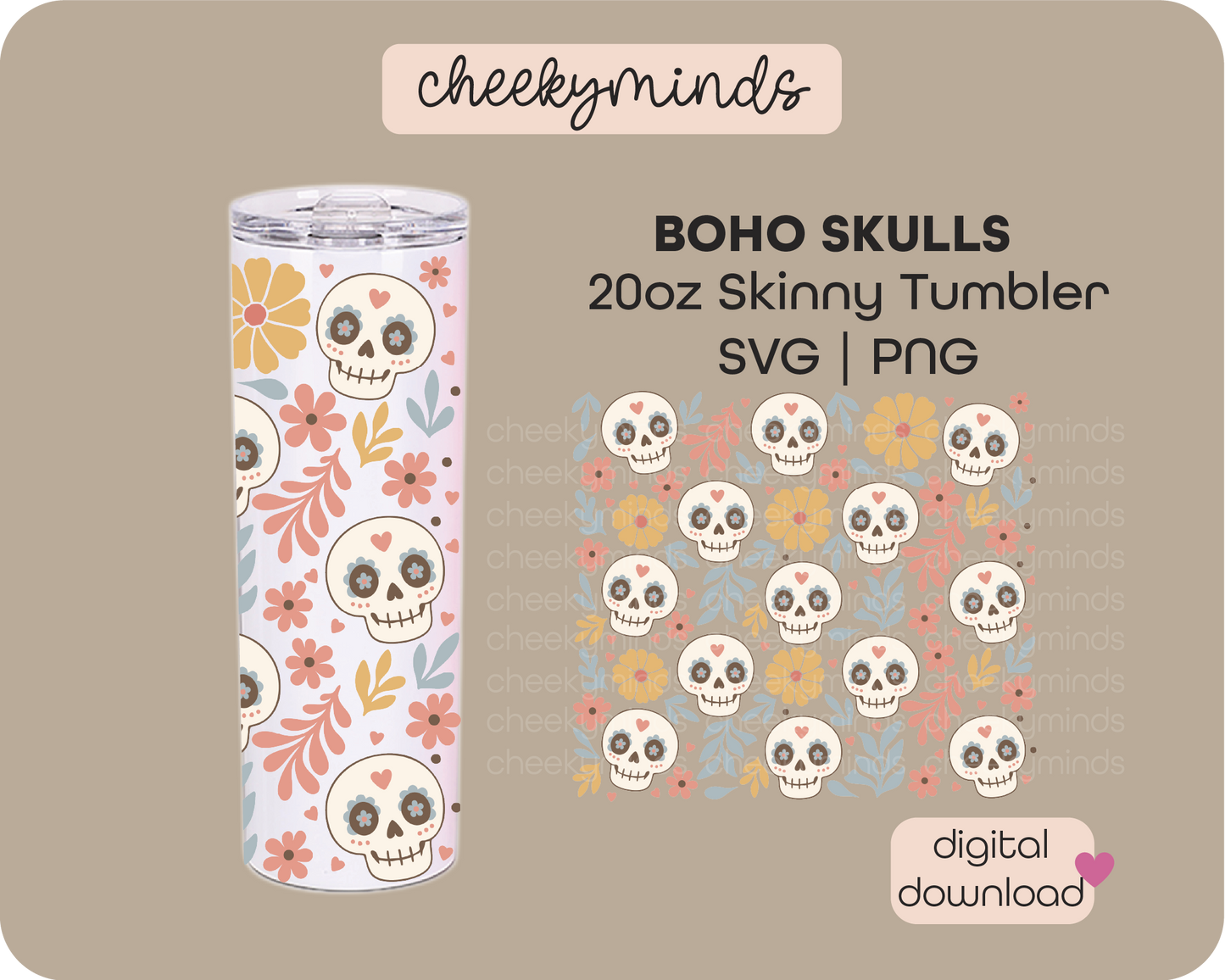Boho Sugar Skull SVG PNG Wrap for 20oz Skinny Tumbler