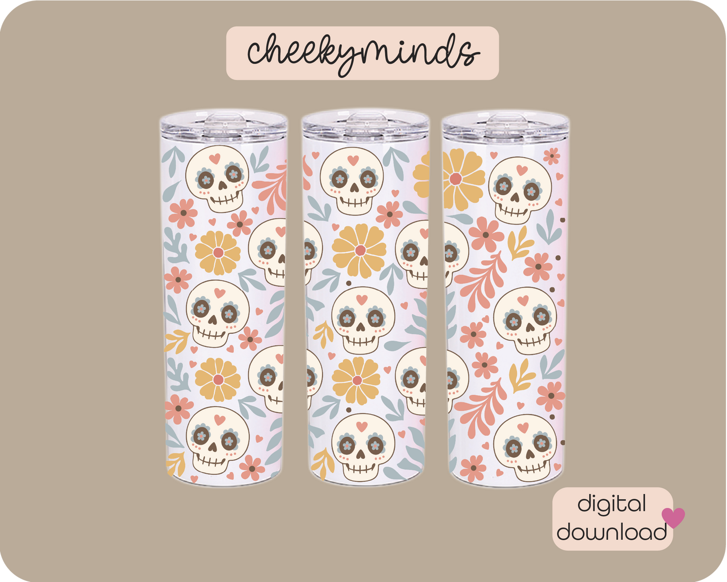 Boho Sugar Skull SVG PNG Wrap for 20oz Skinny Tumbler