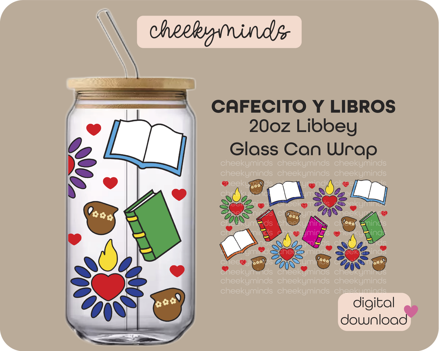Cafecitos y Libros 20oz Libbey Glass Can Wrap