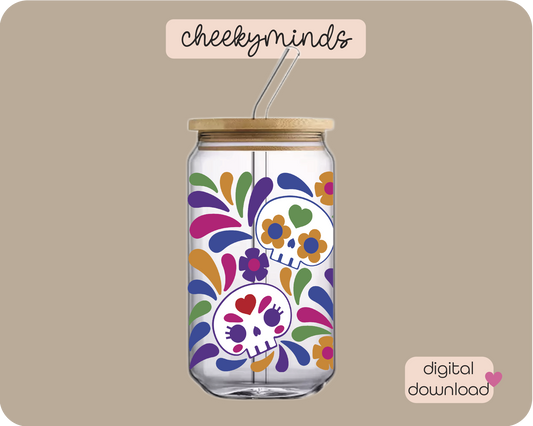Dia de Los Muertos Multi 16oz Libbey Glass Can Wrap