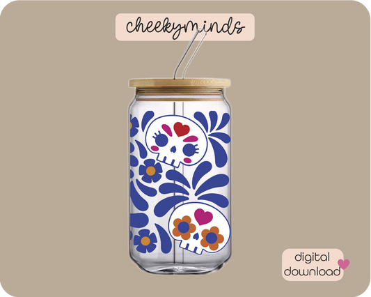 Dia de Los Muertos Blue 16oz Libbey Glass Can Wrap