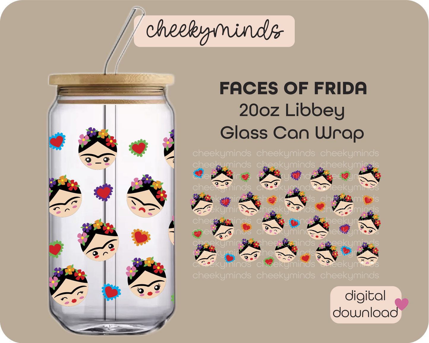 Faces of Frida 20oz Libbey Glass Can Wrap