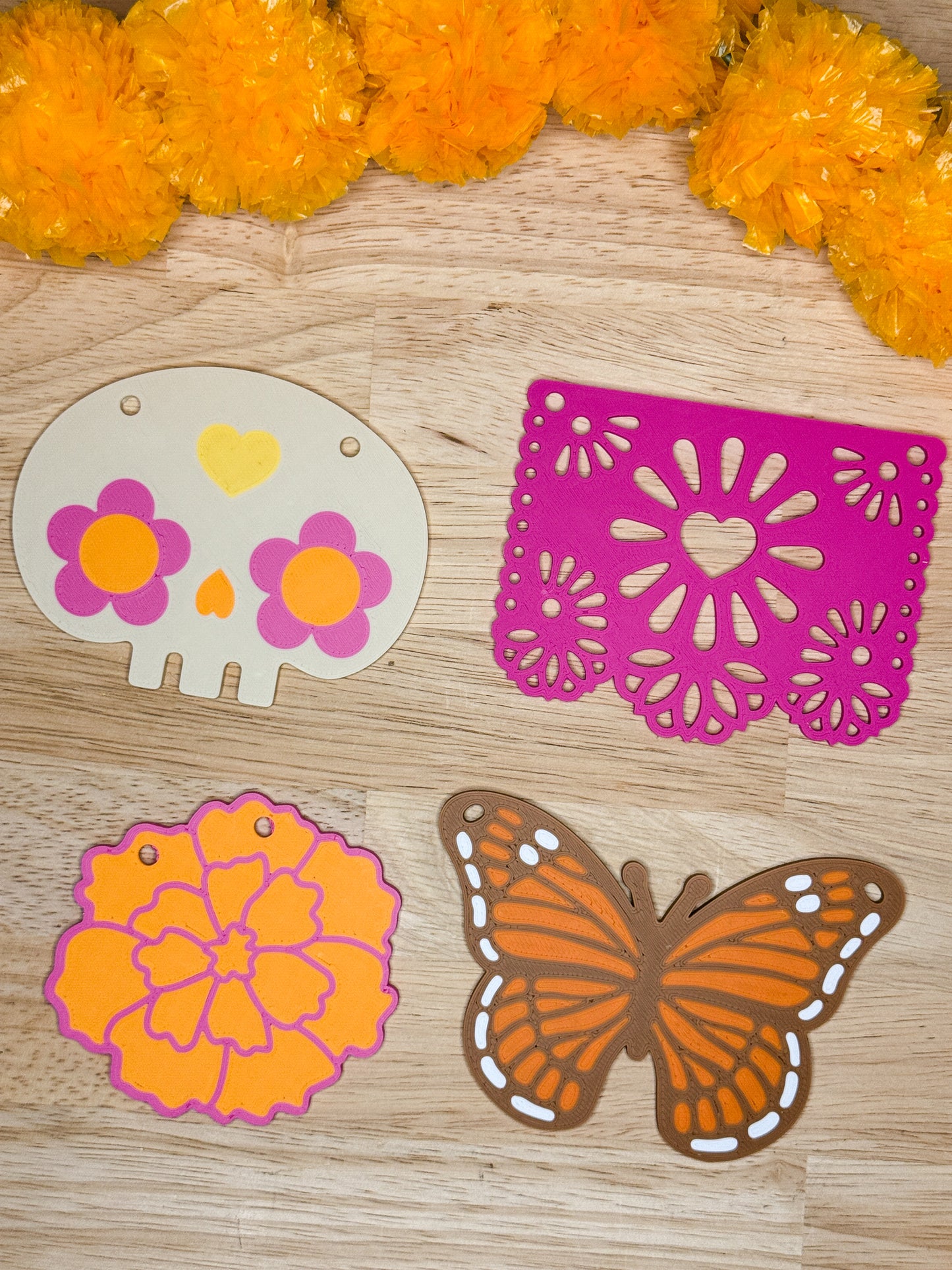 Boho Día de los Muertos Garland | Pink Papel Picado, Boho Monarch Butterfly, Sugar Skull & Marigold Decor