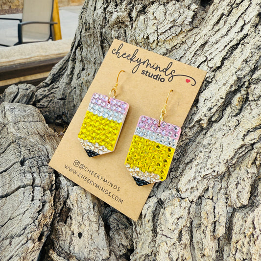 Teacher Pencil Rhinestone Earrings