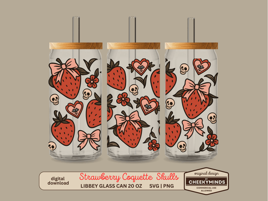 Strawberry Coquette and Skulls SVG PNG Wrap for 20oz Libbey Glass Can
