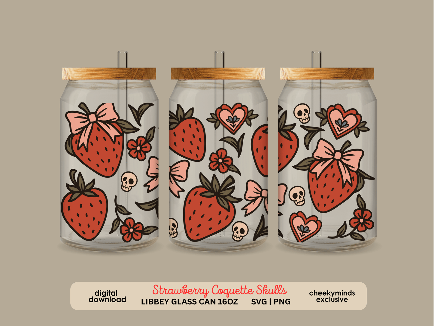 Strawberry Coquette Skulls 16oz Libbey Glass Can