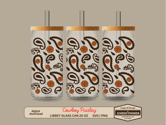 Cowboy Paisley SVG PNG Wrap for 20oz Libbey Glass Can