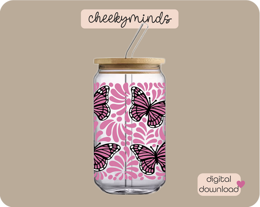 Baby Pink Monarch Talavera 16oz Libbey Glass Can Wrap