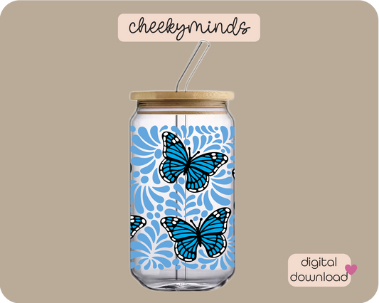 Light Blue Monarch Talavera 16oz Libbey Glass Can Wrap