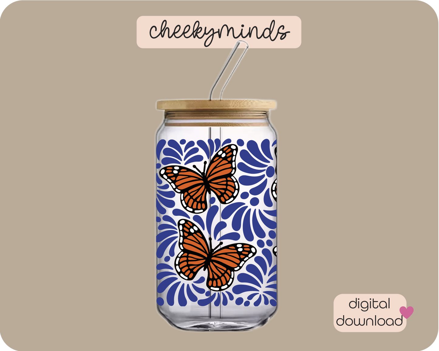 Blue Monarch Talavera 16oz Libbey Glass Can Wrap SVG PNG