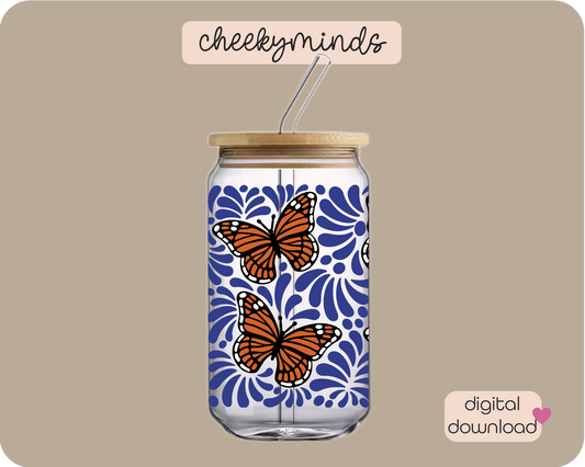 Blue Monarch Talavera 16oz Libbey Glass Can Wrap