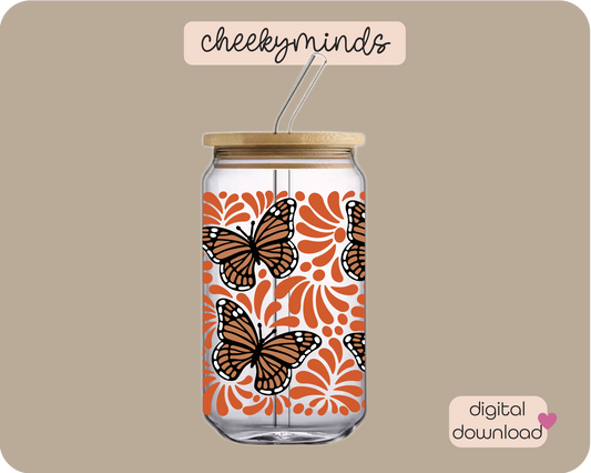 Orange Monarch Talavera 16oz Libbey Glass Can Wrap