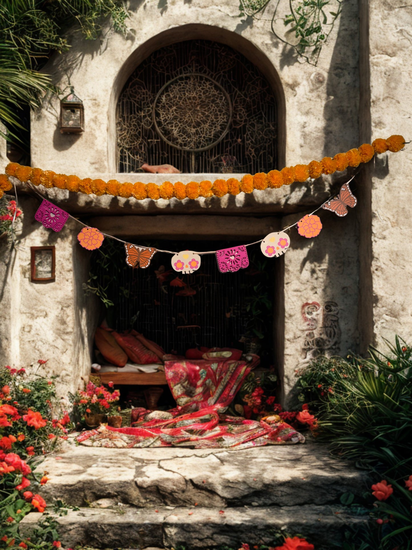 Boho Día de los Muertos Garland | Pink Papel Picado, Boho Monarch Butterfly, Sugar Skull & Marigold Decor