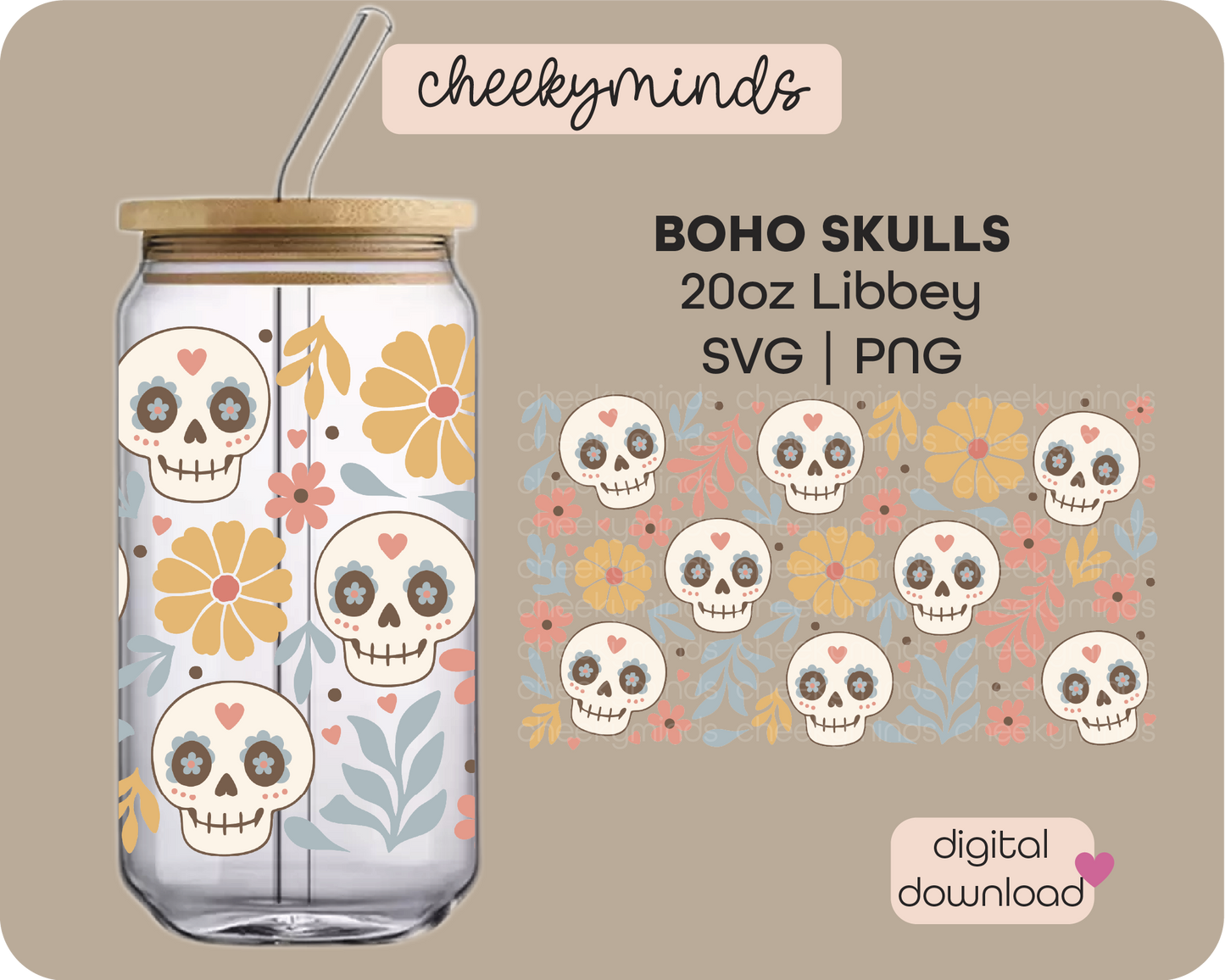 Boho Sugar Skull SVG PNG Wrap for 20oz Libbey Glass Can