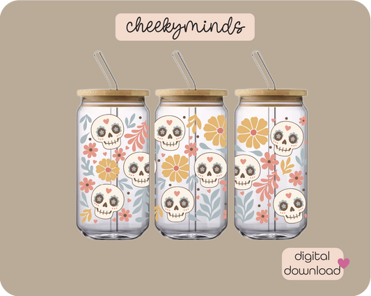 Boho Sugar Skull SVG PNG Wrap for 20oz Libbey Glass Can