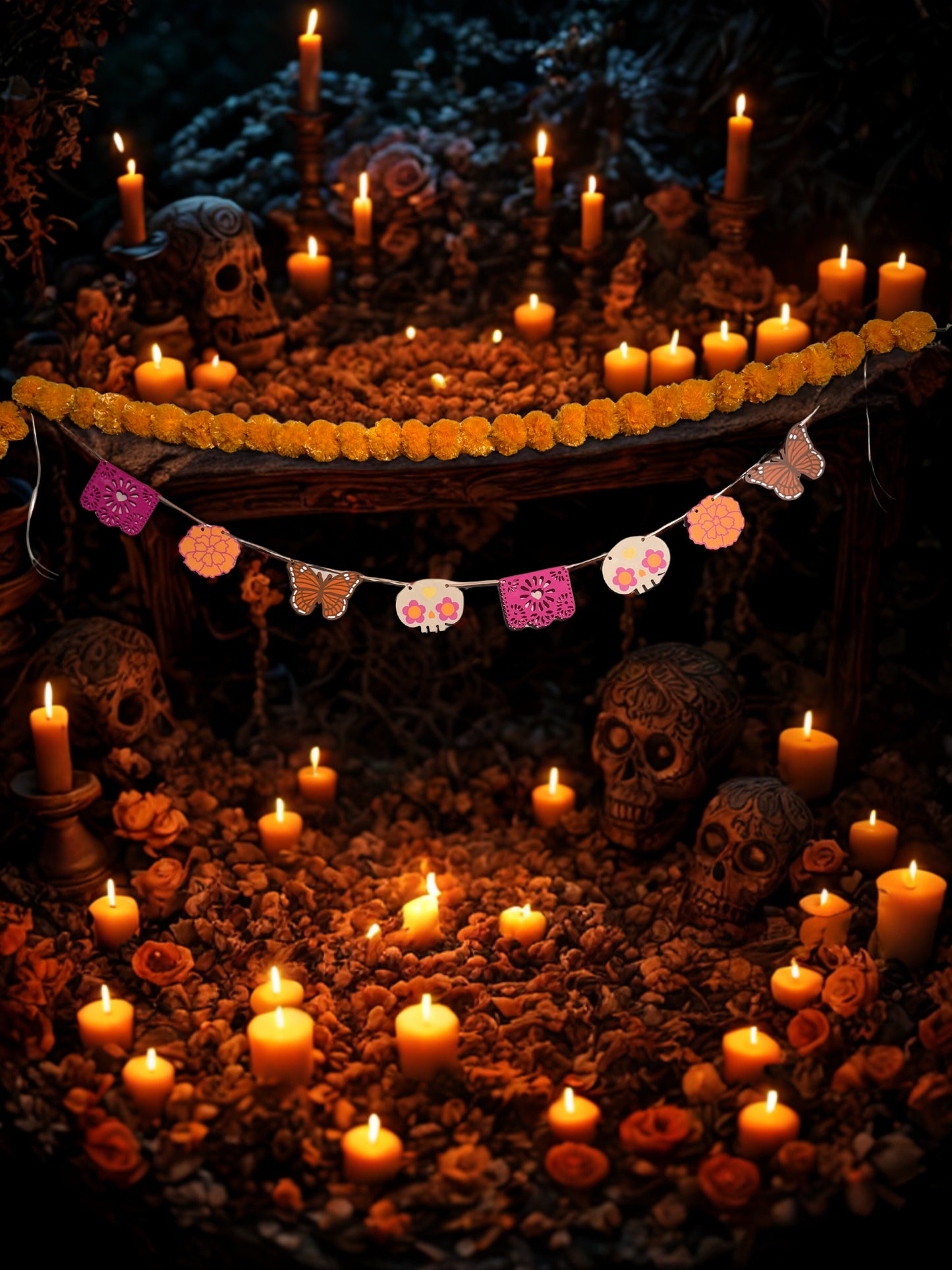 Boho Día de los Muertos Garland | Pink Papel Picado, Boho Monarch Butterfly, Sugar Skull & Marigold Decor