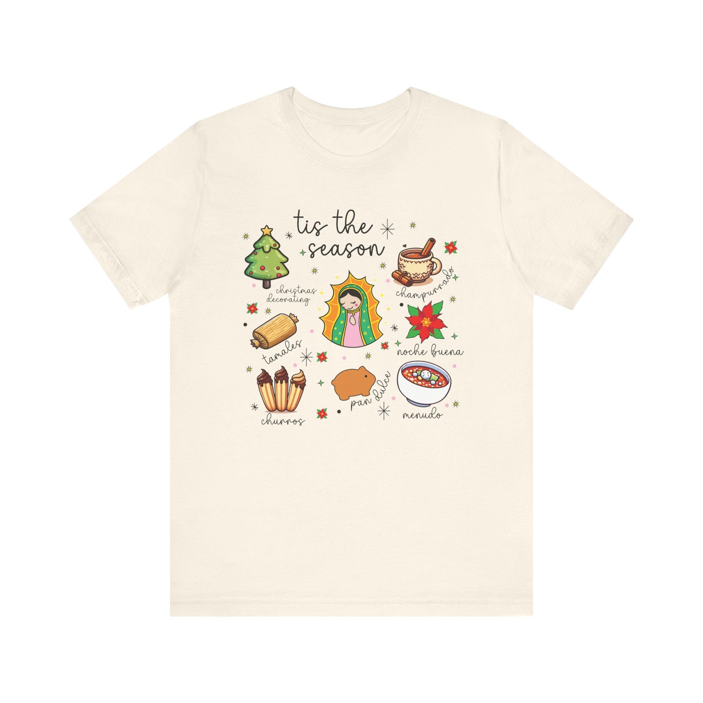 Mexican Christmas, Tis the Season, Bella Cavas Jersey Tee, Feliz Navidad Shirt, Virgen de Guadalupe, Tamales Clothing - Natural, M image