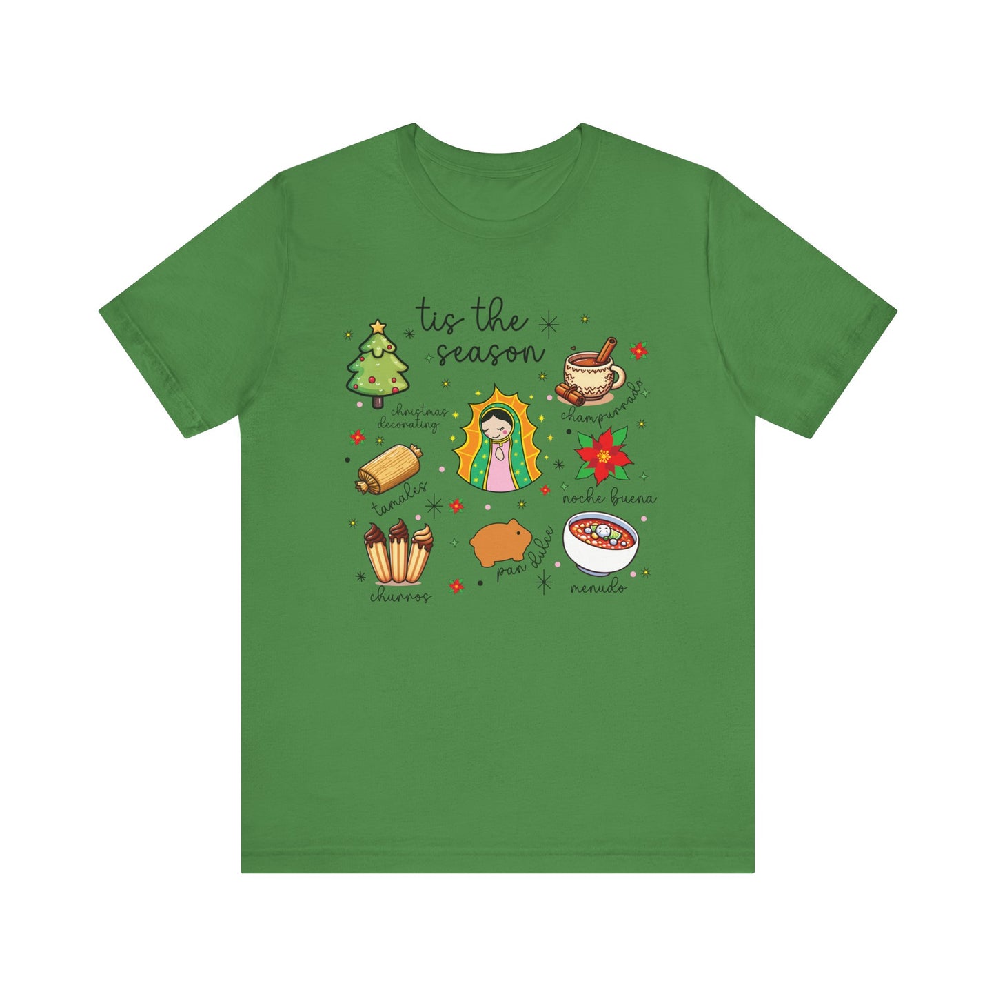 Mexican Christmas, Tis the Season, Bella Cavas Jersey Tee, Feliz Navidad Shirt, Virgen de Guadalupe, Tamales Clothing - Leaf, XS image