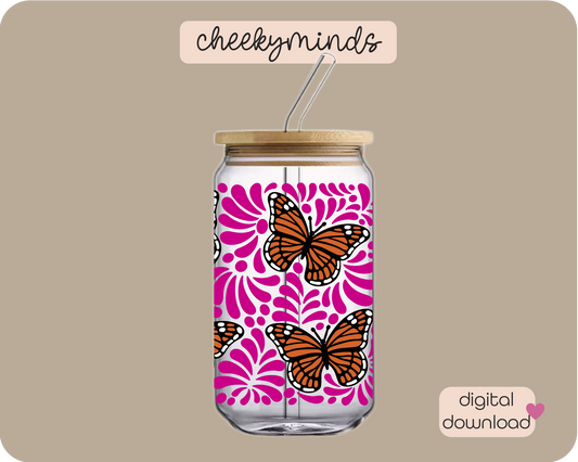 Pink Monarch Talavera 16oz Libbey Glass Can Wrap