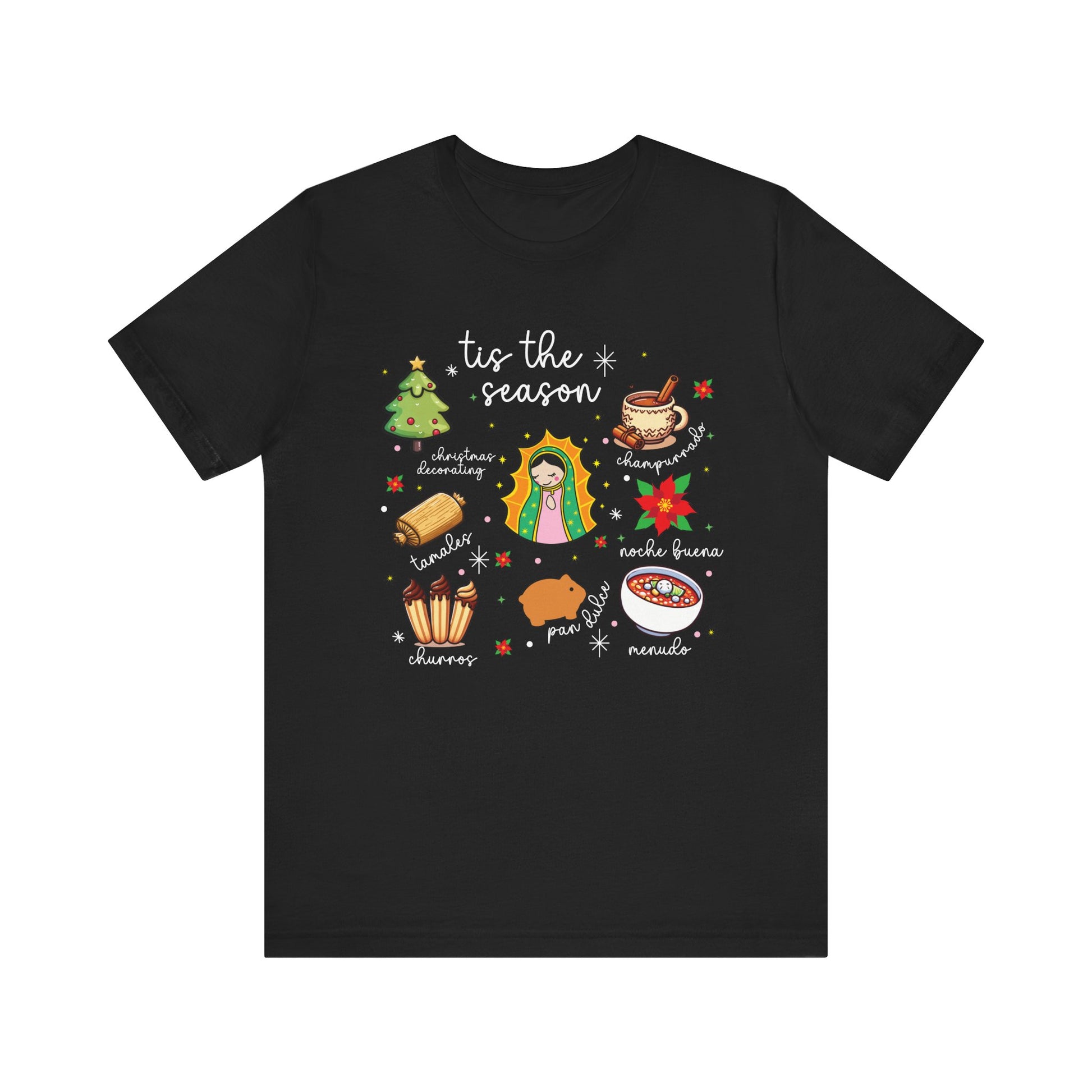 Mexican Christmas, Tis the Season, Bella Cavas Jersey Tee, Feliz Navidad Shirt, Virgen de Guadalupe, Tamales Clothing - Black, S image