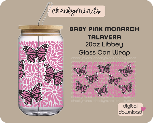 Baby Pink Monarch Talavera 20oz Libbey Glass Can Wrap