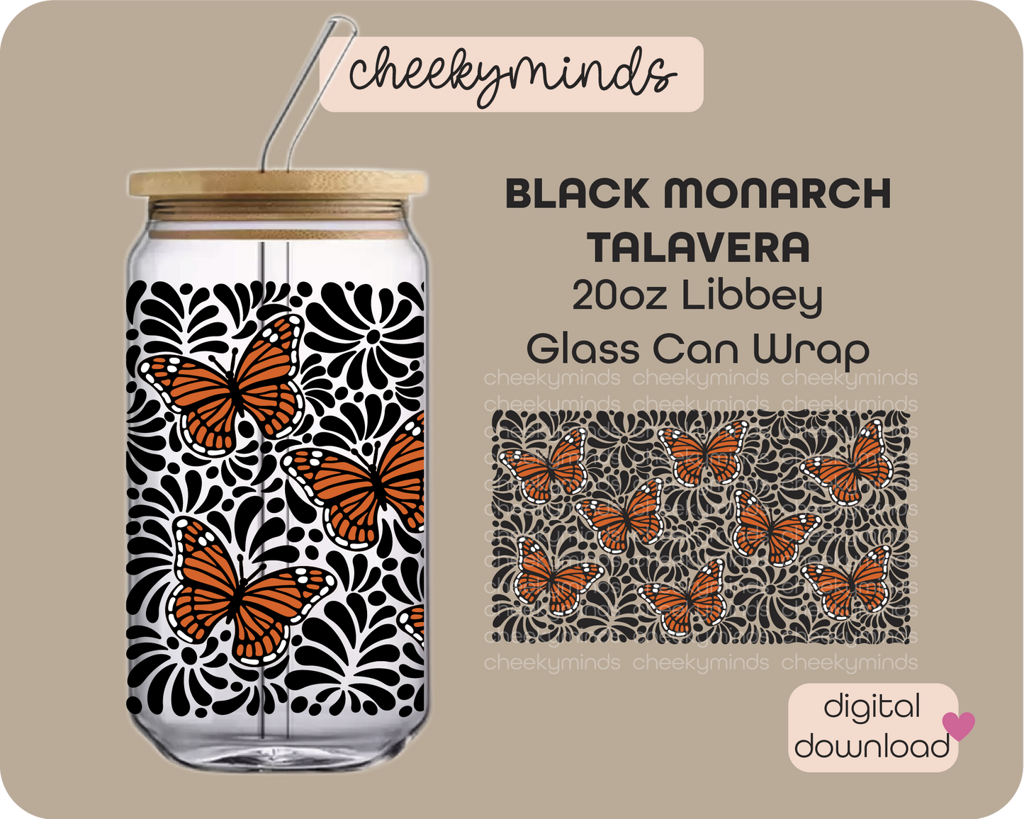 Black Monarch Talavera 20oz Libbey Glass Can Wrap