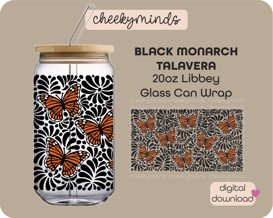 Black Monarch Talavera 20oz Libbey Glass Can Wrap