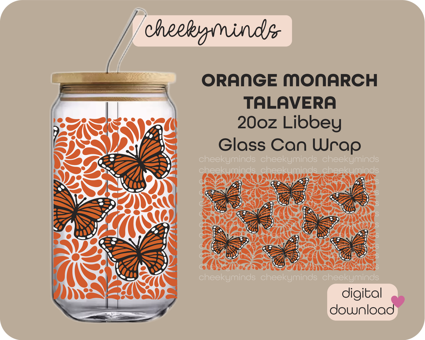 Orange Monarch Talavera 20oz Libbey Glass Can Wrap