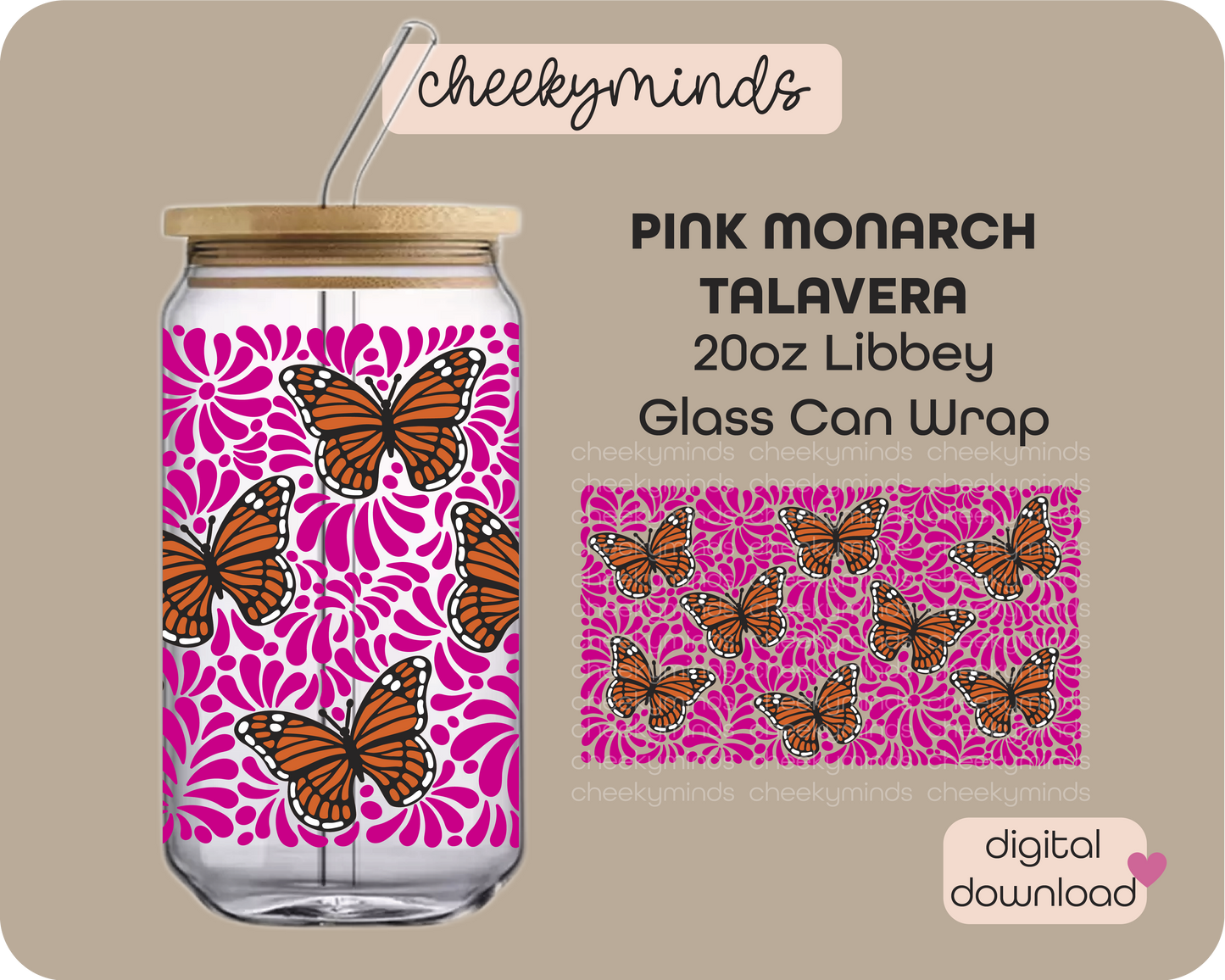 Pink Monarch Talavera 20oz Libbey Glass Can Wrap
