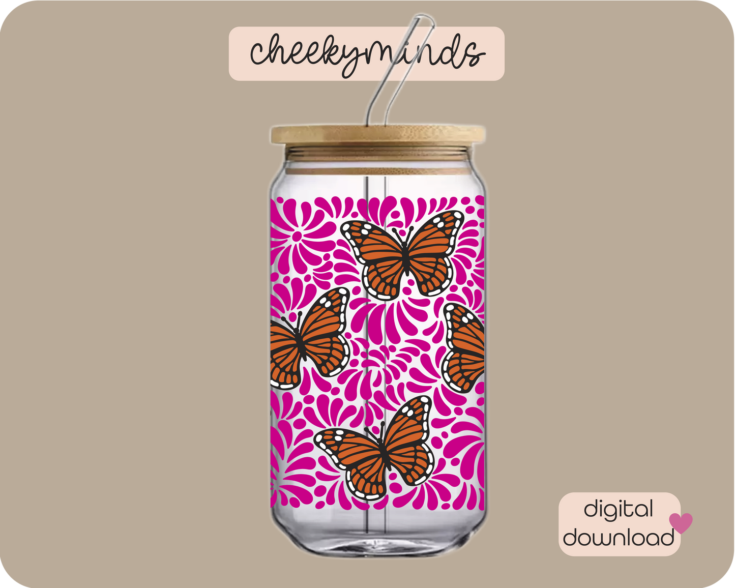 Pink Monarch Talavera 20oz Libbey Glass Can Wrap