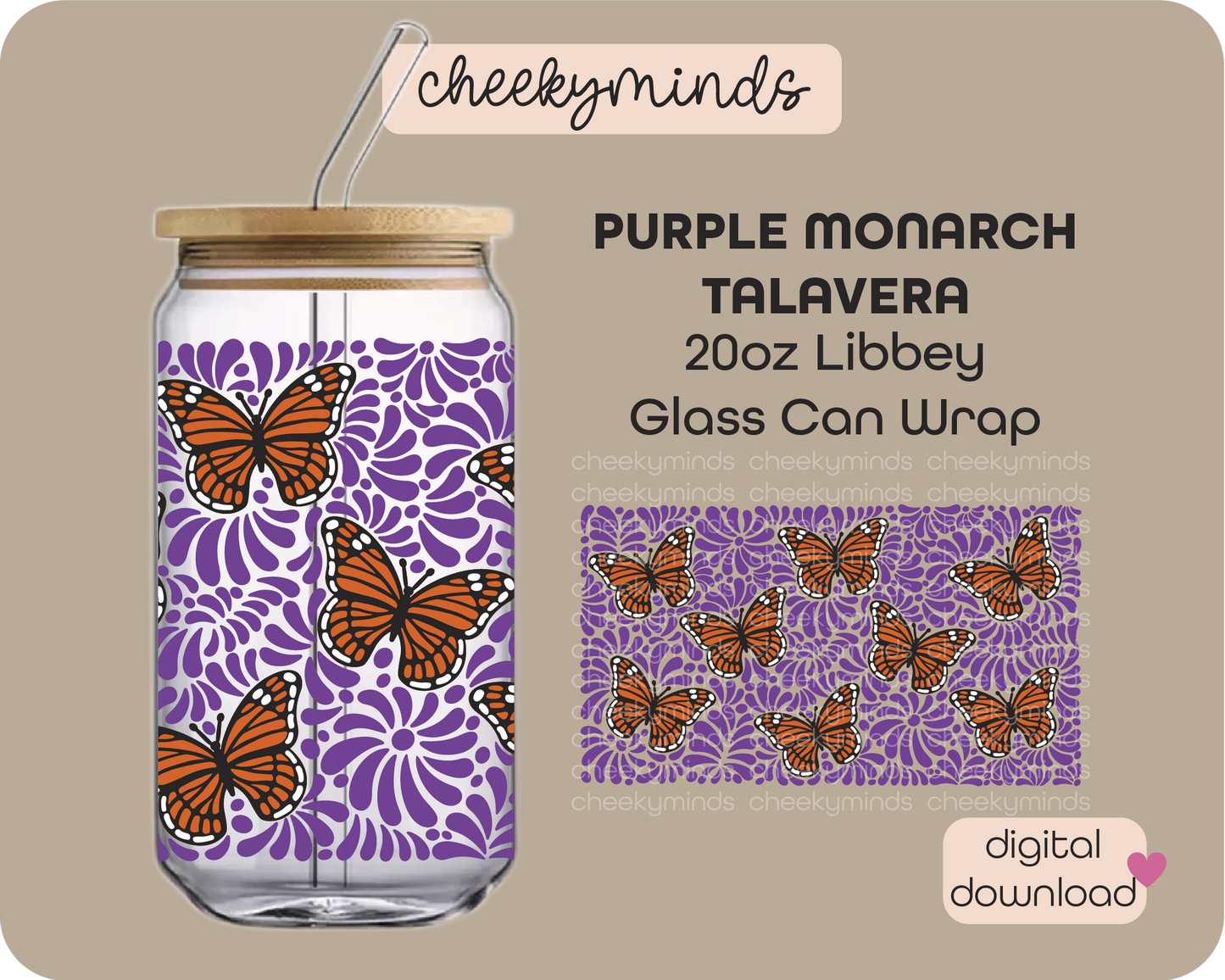 Purple Monarch Talavera 20oz Libbey Glass Can Wrap