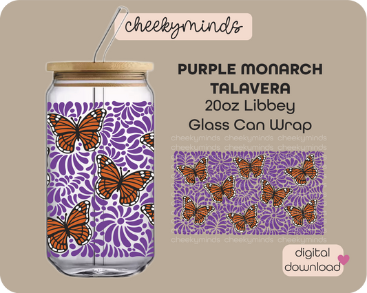 Purple Monarch Talavera 20oz Libbey Glass Can Wrap