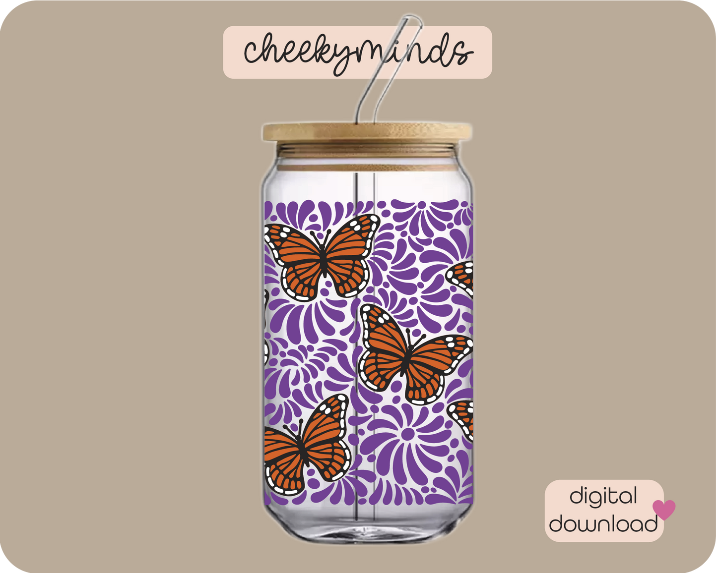 Purple Monarch Talavera 20oz Libbey Glass Can Wrap