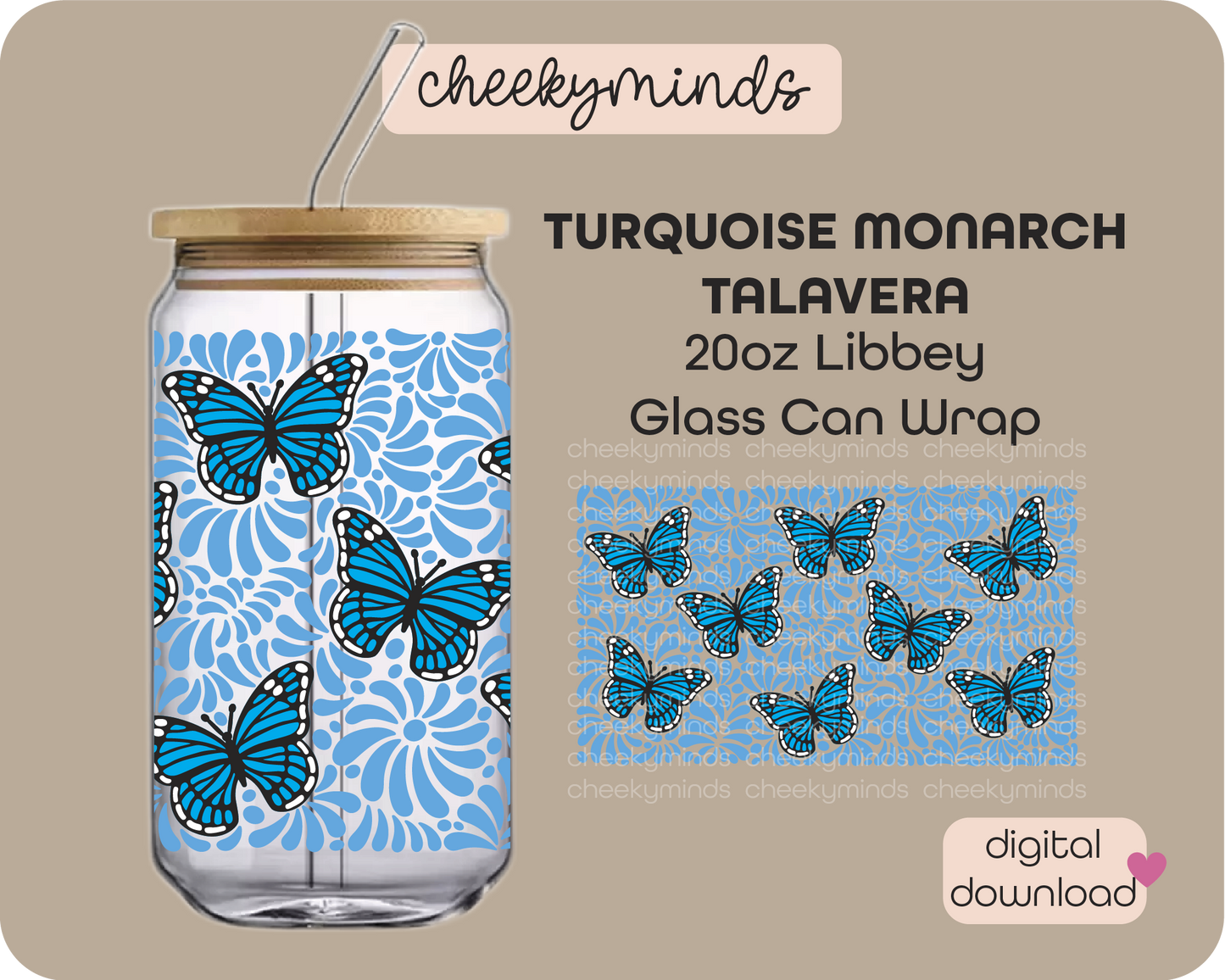 Turquoise Monarch Talavera 20oz Libbey Glass Can Wrap