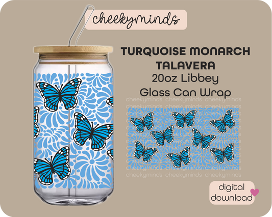Turquoise Monarch Talavera 20oz Libbey Glass Can Wrap