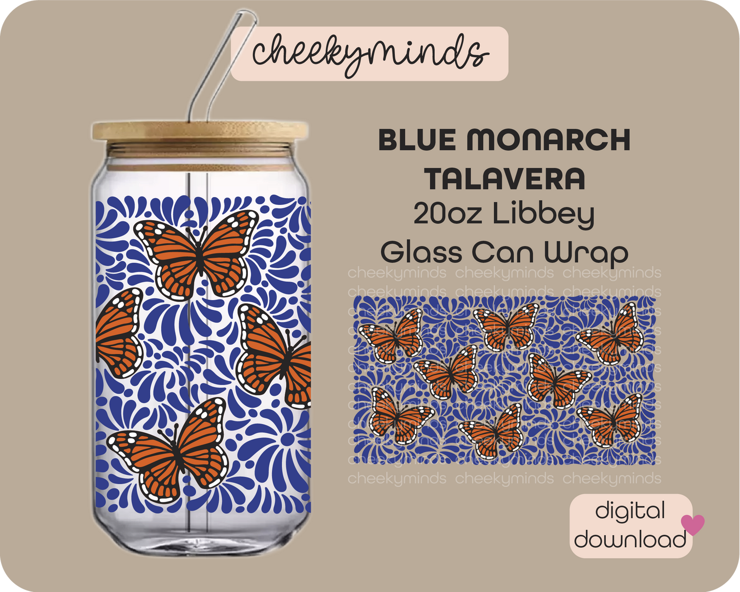 Blue Monarch Talavera 20oz Libbey Glass Can Wrap