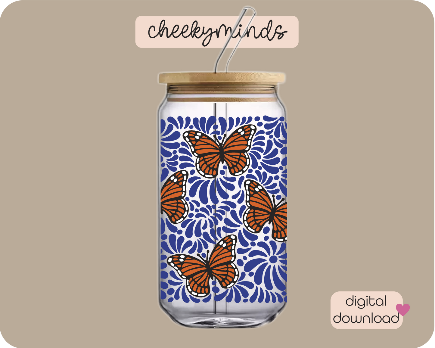 Blue Monarch Talavera 20oz Libbey Glass Can Wrap