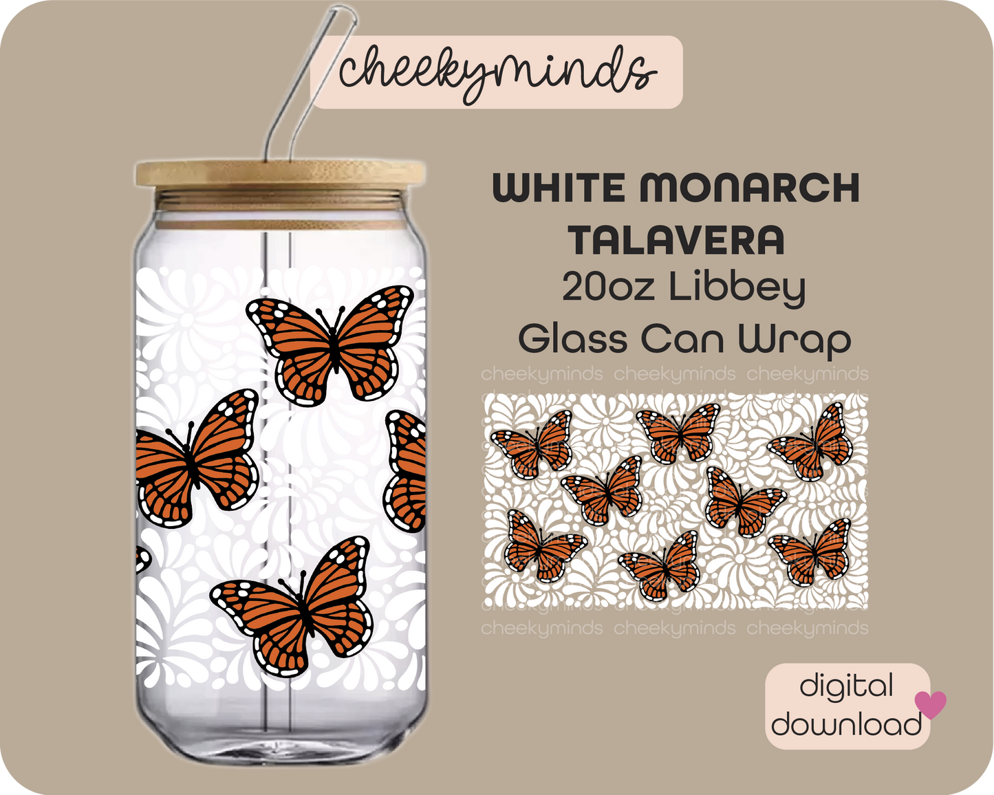 White Monarch Talavera 20oz Libbey Glass Can Wrap