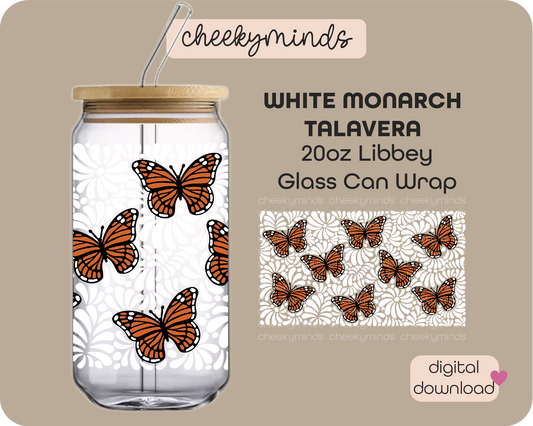 White Monarch Talavera 20oz Libbey Glass Can Wrap