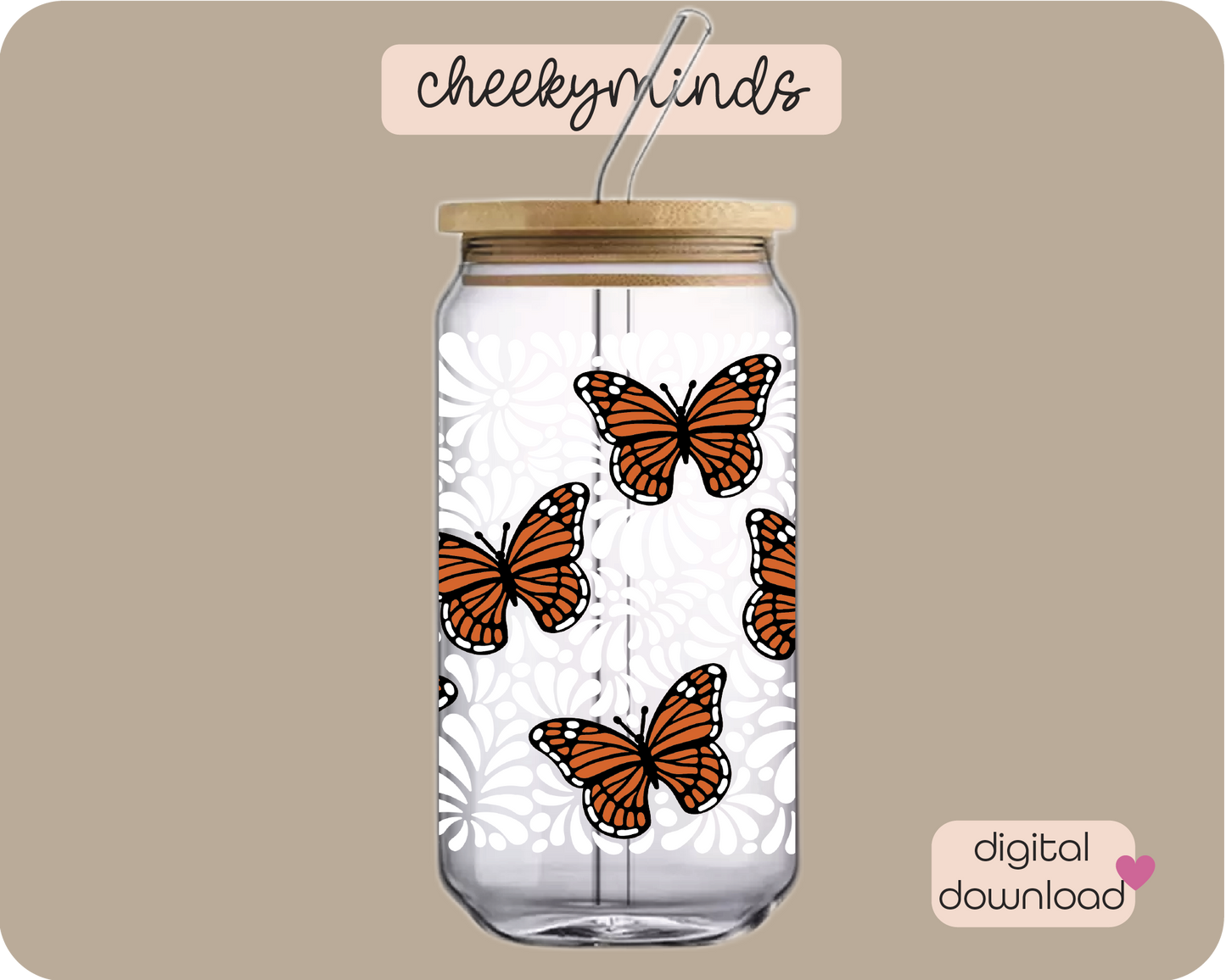 White Monarch Talavera 20oz Libbey Glass Can Wrap